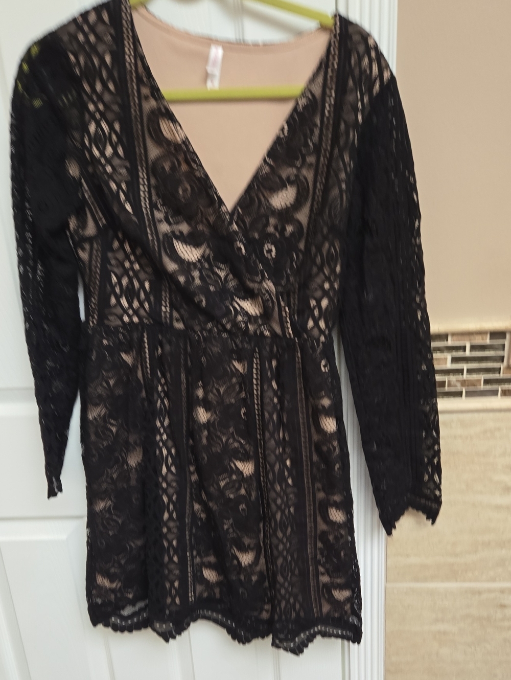 Xhilaration Black Lace Long-Sleeve Dress with Nude Underlay